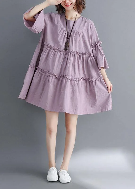 Women's Trendy Garments Simple Light Purple O-Neck Tiered Cotton Summer Dress