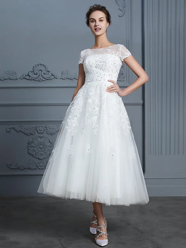 Women's Clothing A-Line/Princess Scoop Short Sleeves Tea-Length Beading Tulle Wedding Dresses