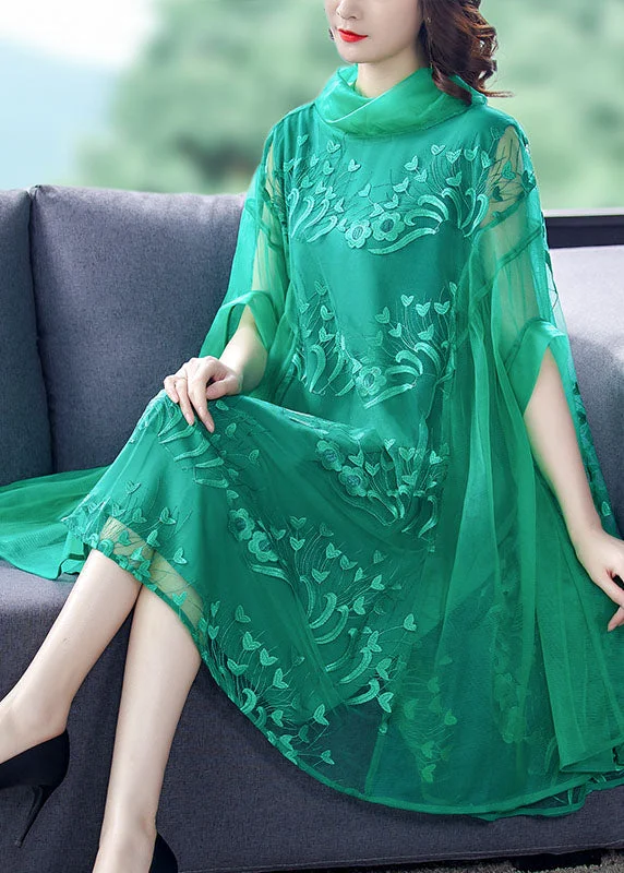 Women's Clothes And Apparel Sets Style Green Embroideried Tulle Vacation Dresses Spring