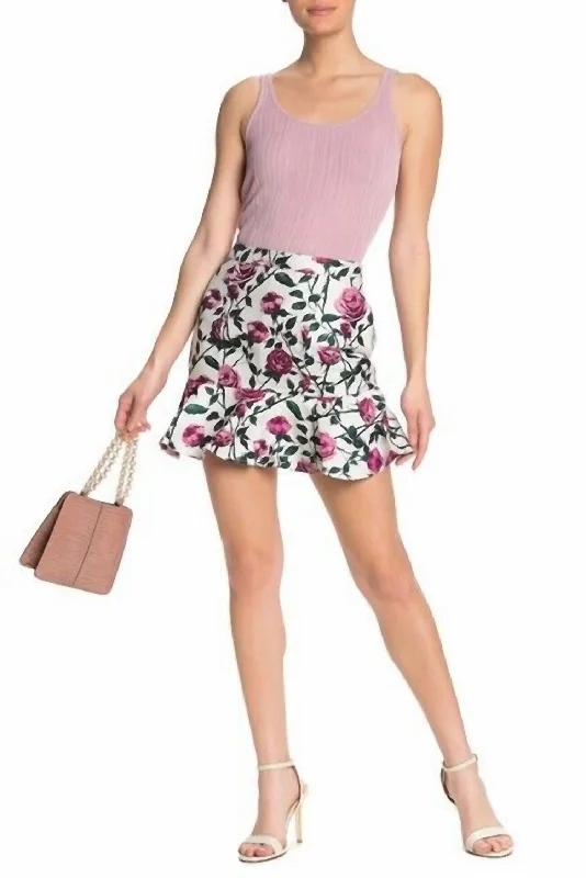 Comfortable Outfit For Women Floral Print Jacquard Ruffled Hemline Mini Skirt In Magenta Combo