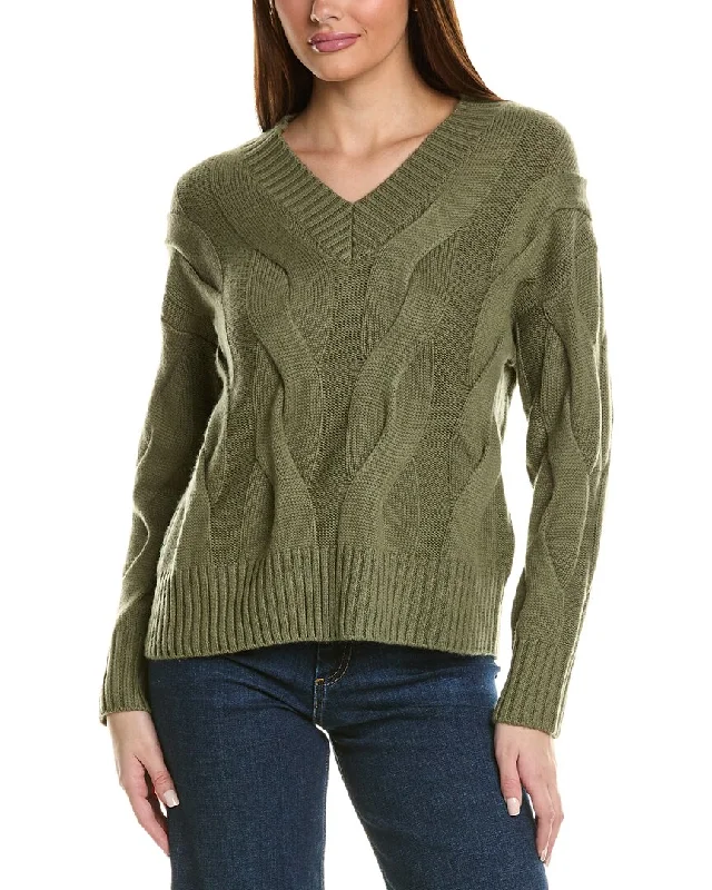 Women's Comfy Loungewear Outfit Hannah Rose Wide Cable V-Neck Wool & Cashmere-Blend Sweater