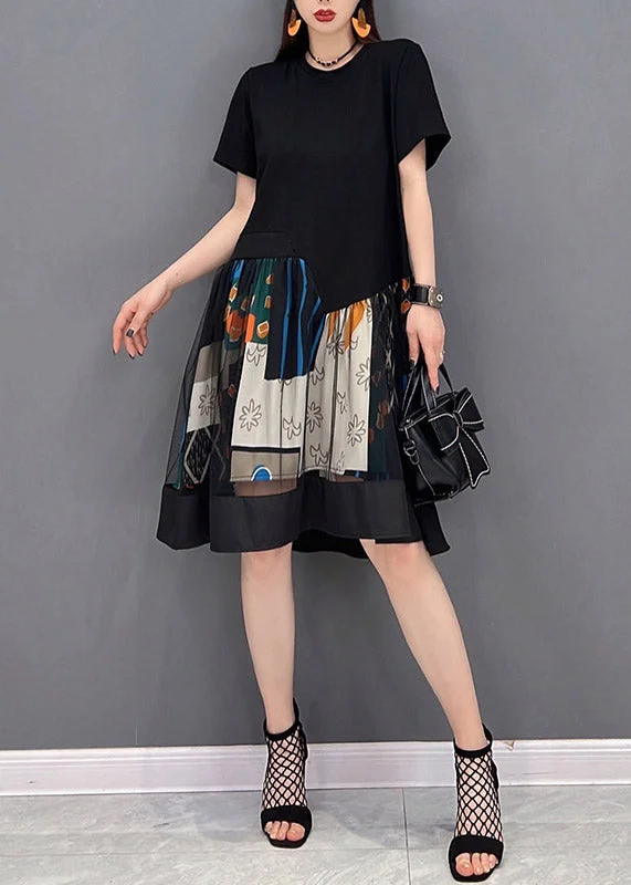 Women's High-Fashion Attire Fashion Black O-Neck Patchwork Tulle Mid Dresses Short Sleeve