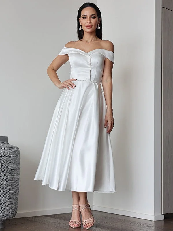 Women's Plus-Size Apparel A-Line/Princess Satin Ruffles Off-the-Shoulder Sleeveless Tea-Length Wedding Dresses