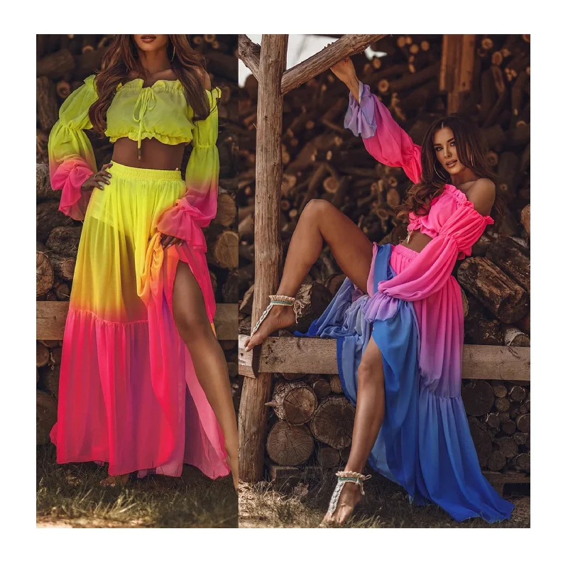 Affordable Women's Garments 2022 New Spring&Fall Sexy Chiffon dress set Long Sleeve Maxi Skirts two piece set dresses autumn maxi dress