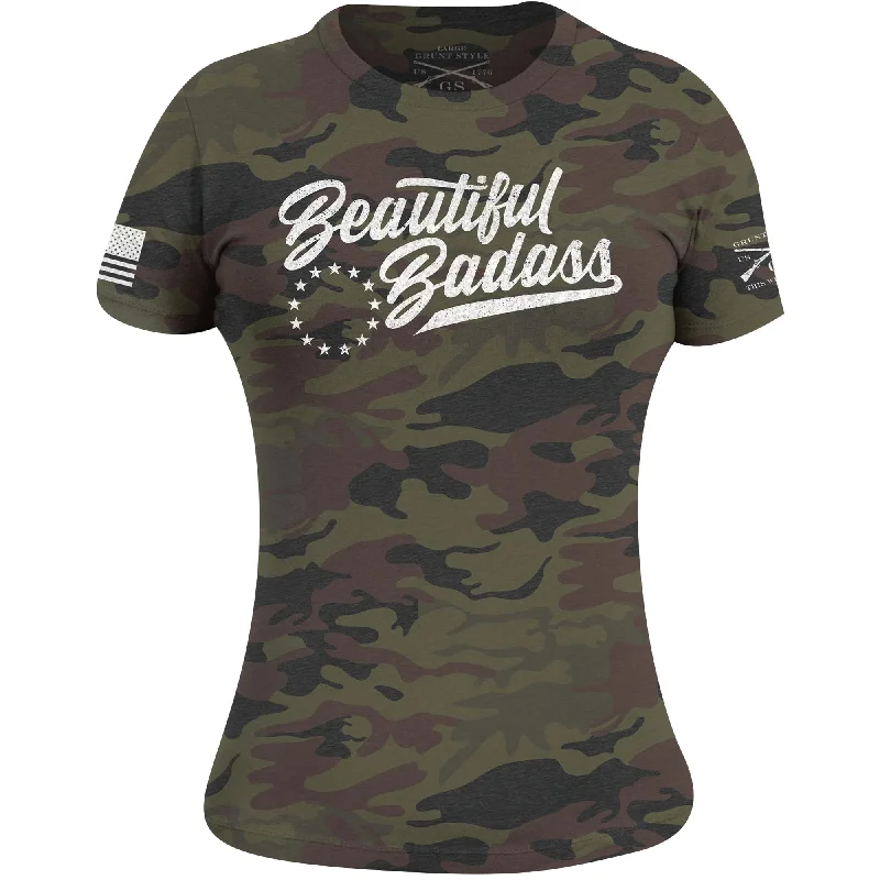 Women's Vacation Outfit Set Grunt Style Women's Beautiful Badass T-Shirt - Woodland Camo