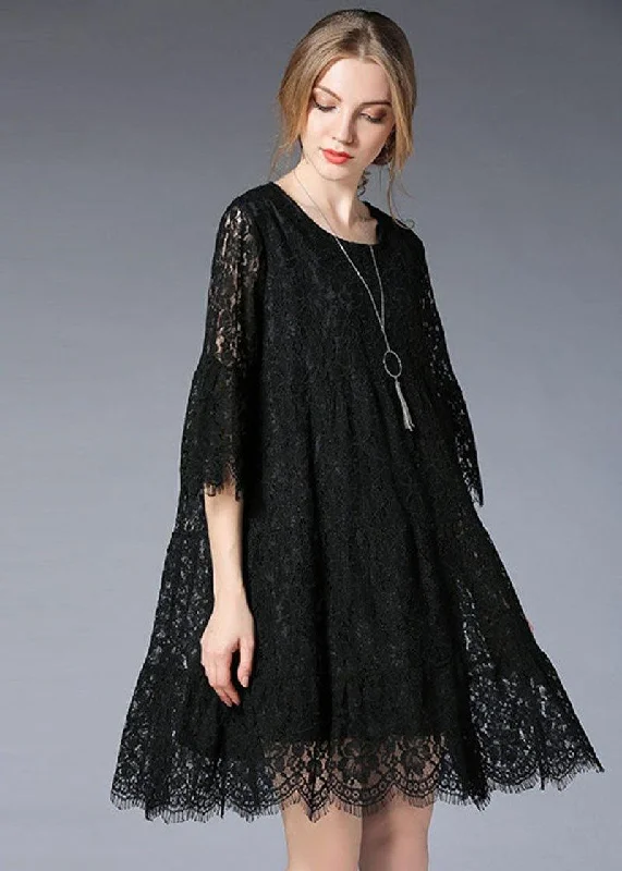 Luxury Women's Clothes Natural Black Flare Sleeve Hollow Out Spring Holiday Dress