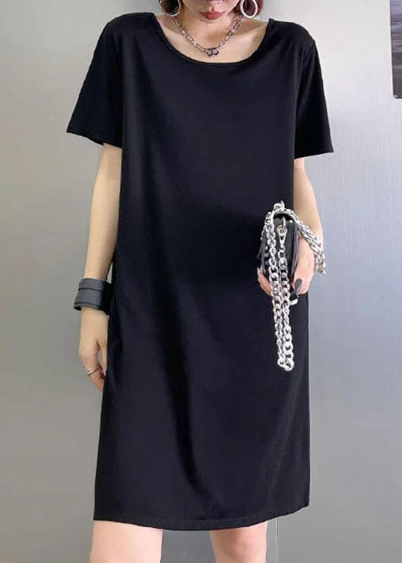 Women's Charming Outfit For Events Comfy Black Backless U Neck Maxi Dresses Short Sleeve Cotton