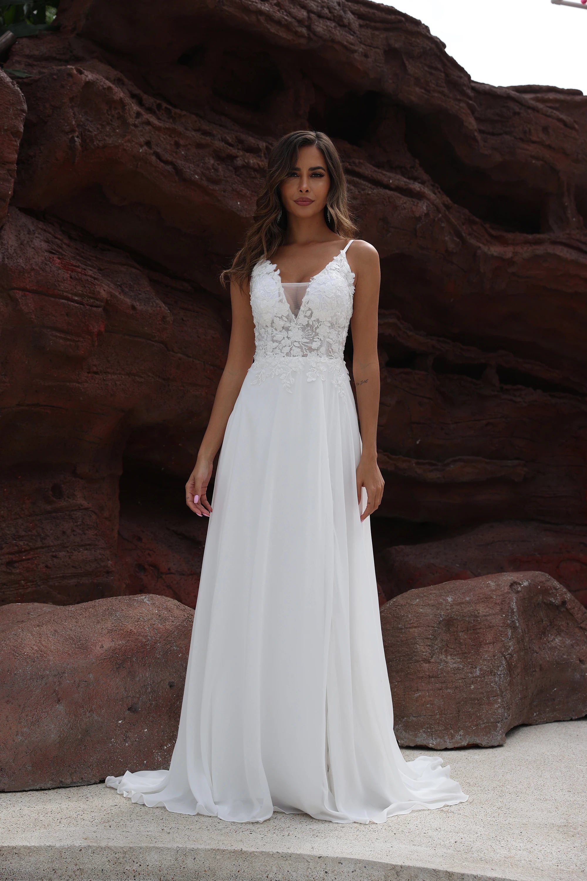 Women's Elegant Evening Outfit Boho Wedding Dresses for Bride 2024 A Line Chiffon Lace Vintage Bohemian Bridal Dresses for Women Plus Size Beach Wedding Gowns