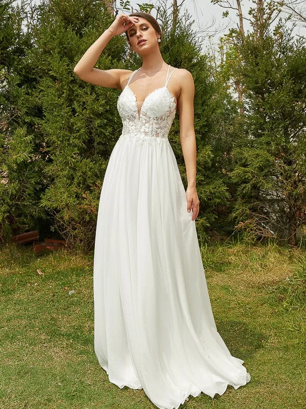 Women's Seasonal Attire A-Line/Princess Chiffon Lace V-neck Sleeveless Sweep/Brush Train Wedding Dresses