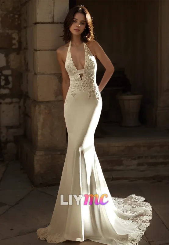 Women's Elegant Evening Outfit V-Neck Sleeveless Lace Appliques Mermaid Wedding Dress