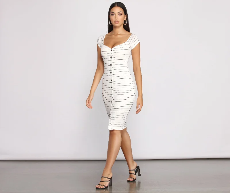 Women's Work Outfit For The Office Stripe It Down Ribbed Graceful Button Down Midi Dress