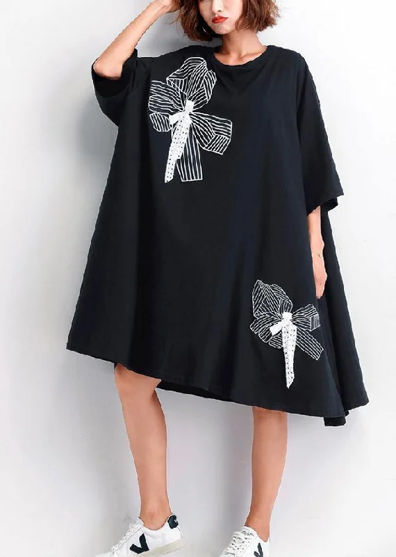 Women's Seasonal Apparel Women black embroidery Cotton big hem shift summer Dresses