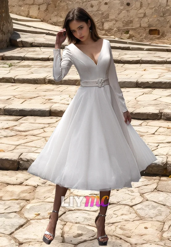 Vintage-Inspired Women's Clothes V-Neck Long Sleeves Pleated A-Line Simple Wedding Dress