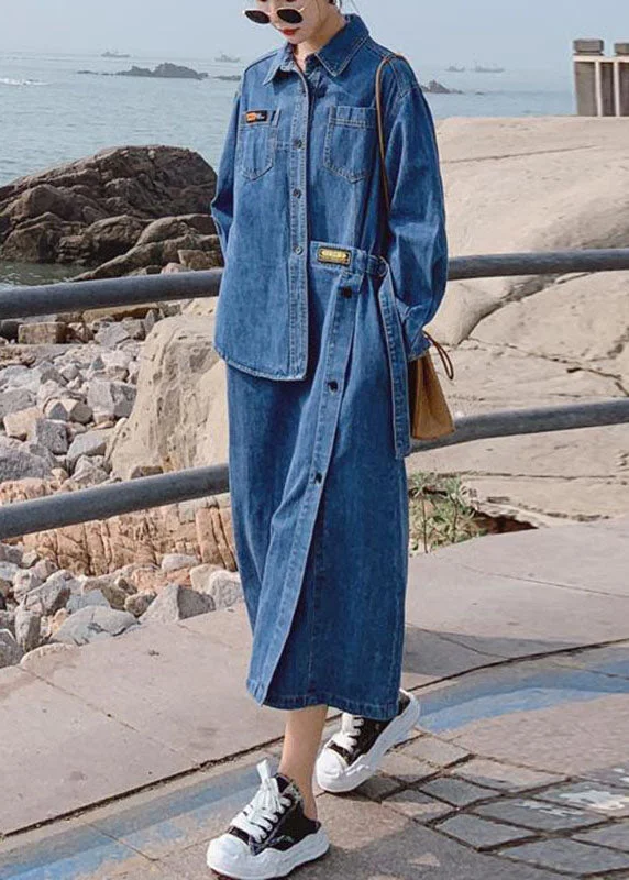 Women's Casual Outfit Loose Blue Pockets Button asymmetrical design Fall Denim Long sleeve Long Dress