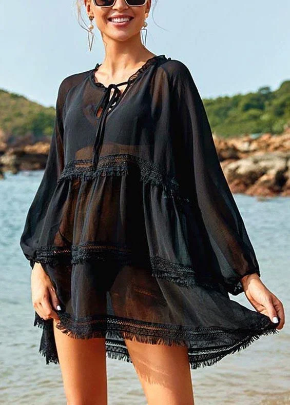 Women's Formal Event Attire Comfy Black Ruffled Chiffon Long sleeve kimono robe  Vacation Dresses