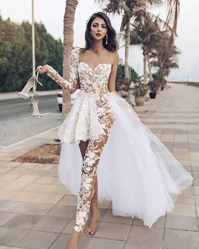 Luxury Women's Clothes Elegant Wedding Dresses for Women Lace Appliques One Shoulder Overskirts Wedding Dress with Pants Robe De Mariée SWEETHEART