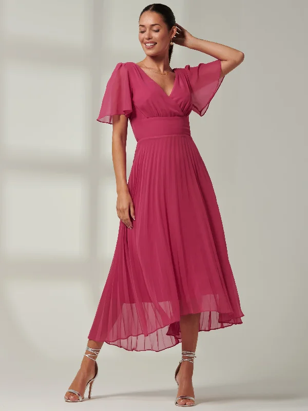 Women's Outerwear Attire Elene Pleated High Low Chiffon Maxi Dress, Fuchsia Pink