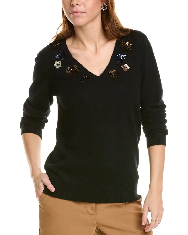 Women's Plus-Size Casual Outfit sofiacashmere Sequin Embellished V-Neck Cashmere Sweater