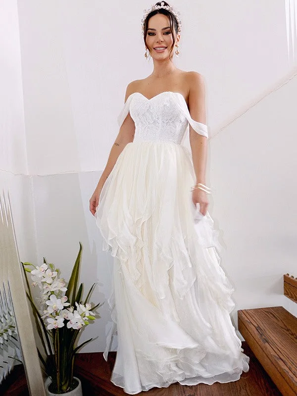 Women's Clothes For Work Events A-Line/Princess Sleeveless Off-the-Shoulder Ruched Chiffon Floor-Length Wedding Dresses