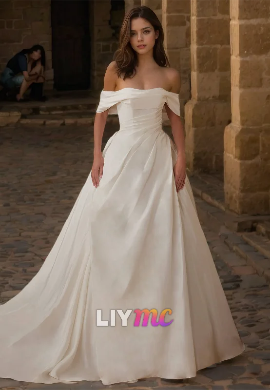 Women's Transitional Clothes Off-Shoulder Strapless Ruched Satin A-Line Simple Wedding Dress