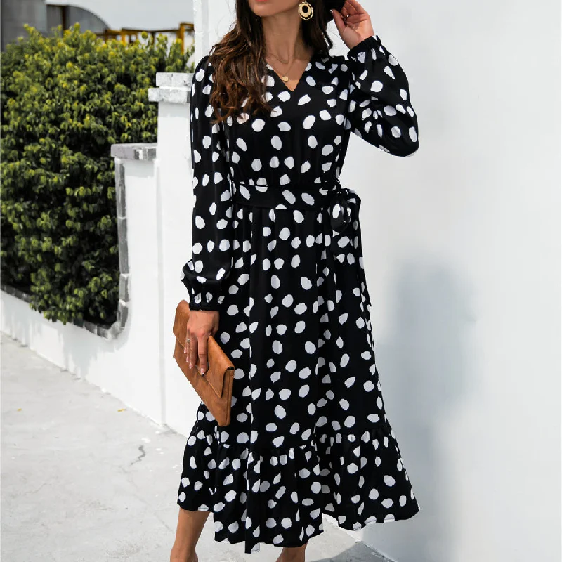 Women's Layered Outfit 2022 New Style Elegant Casual Ladies V Neck Printing Maxi Dot Long Sleeve Women Casual Dresses