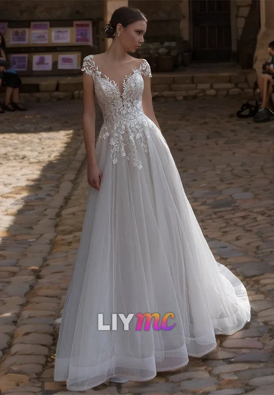 Modern Women's Clothes V-Neck Cap Sleeves Lace Appliques Tulle Ball Gown Weddding Dress