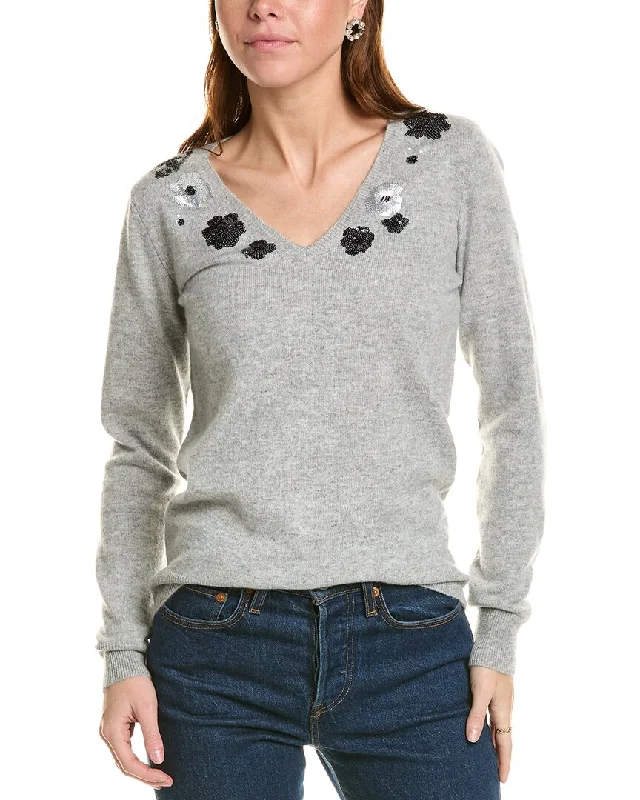 Women's Stylish Professional Apparel sofiacashmere Sequin Embellished V-Neck Cashmere Sweater