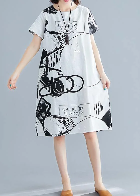 Formal Garments For Women Classy white print linen Wardrobes o neck short sleeve shift summer Dress