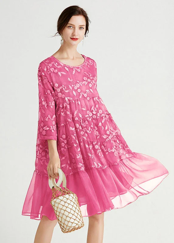 Modern Women's Clothes Boho Rose O-Neck Embroideried Chiffon Dress Spring