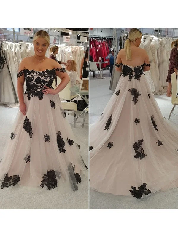 Charming Women's Garments A-Line/Princess Tulle Applique Off-the-Shoulder Sleeveless Sweep/Brush Train Wedding Dresses