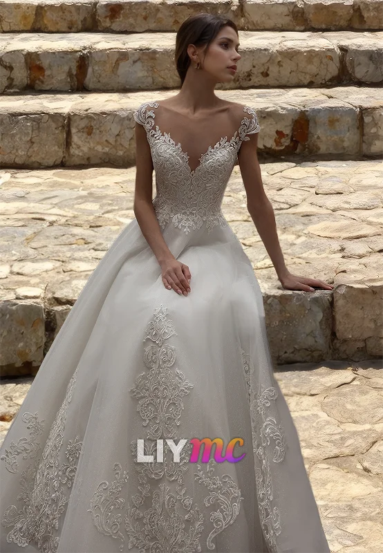 Women's Fashion Clothes V-Neck Cap Sleeves All Lace Appliques Ball Gown Classic Wedding Dress