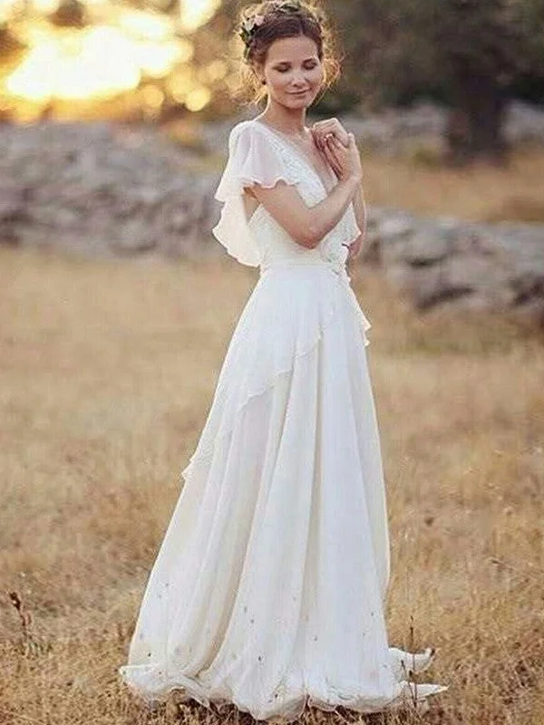 Charming Women's Holiday Apparel A-Line/Princess Chiffon V-neck Ruched Short Sleeves Floor-Length Wedding Dresses