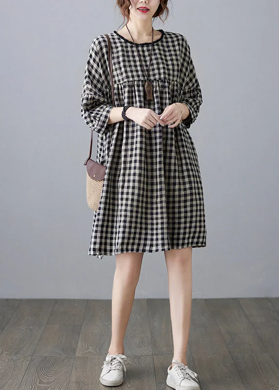 Women's Layered Outfit Vintage O-Neck wrinkled Pocket Plaid Linen Loose Dresses Half Sleeve