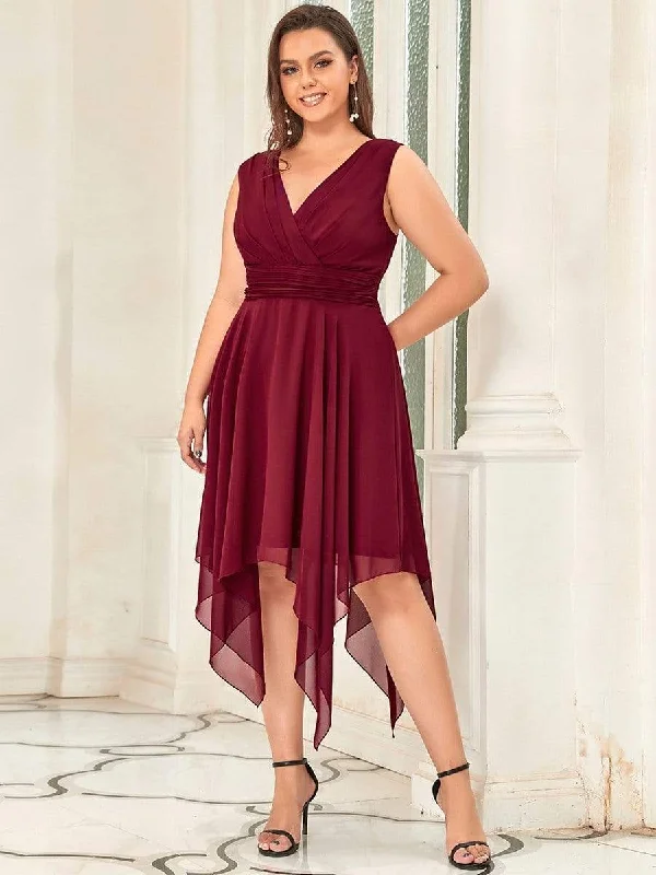 Women's Clothes For Special Occasions Plus Size Double V Neck Ruched-Waist Midi Chiffon Bridesmaid Dress