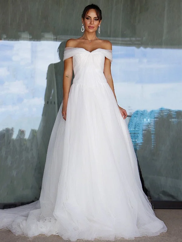 Casual Chic Women's Clothes A-Line/Princess Sleeveless Tulle Off-the-Shoulder Ruched Sweep/Brush Train Wedding Dresses