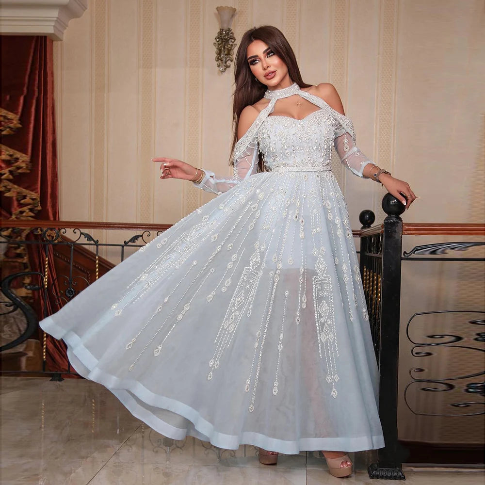 Sustainable Women's Apparel Luxury Dubai Light Blue Evening Dress for Women Wedding Elegant Off Shoulder Beaded Arabic Formal Party Gowns