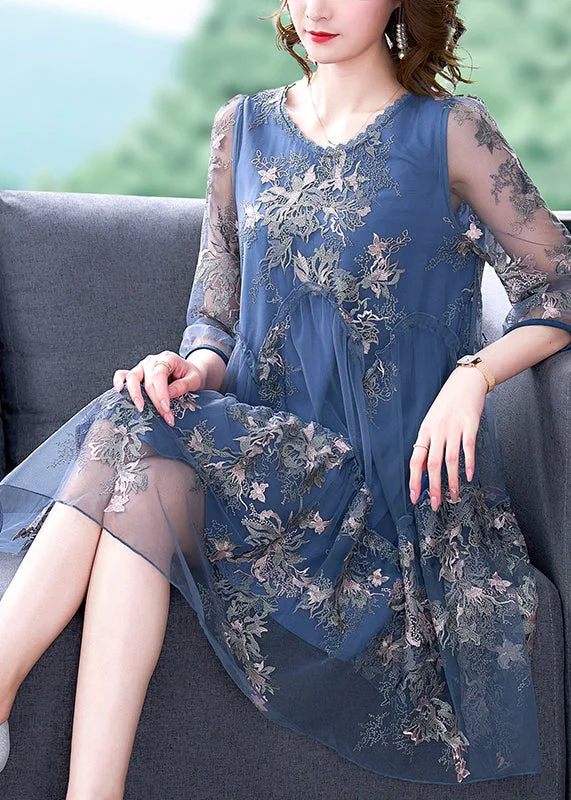 Women's Vintage Attire Elegant Blue O-Neck Embroideried Patchwork Tulle Vacation Dresses Half Sleeve