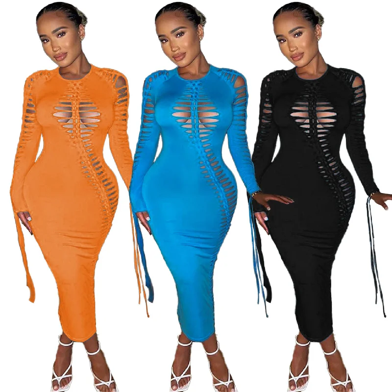 Women's Elegant Formal Outfit 2023 New Arrival Women Fall Dresses For Women Sexy Long Sleeve Dresses Cut Out Lace Up Sexy Bodycon Maxi Dress