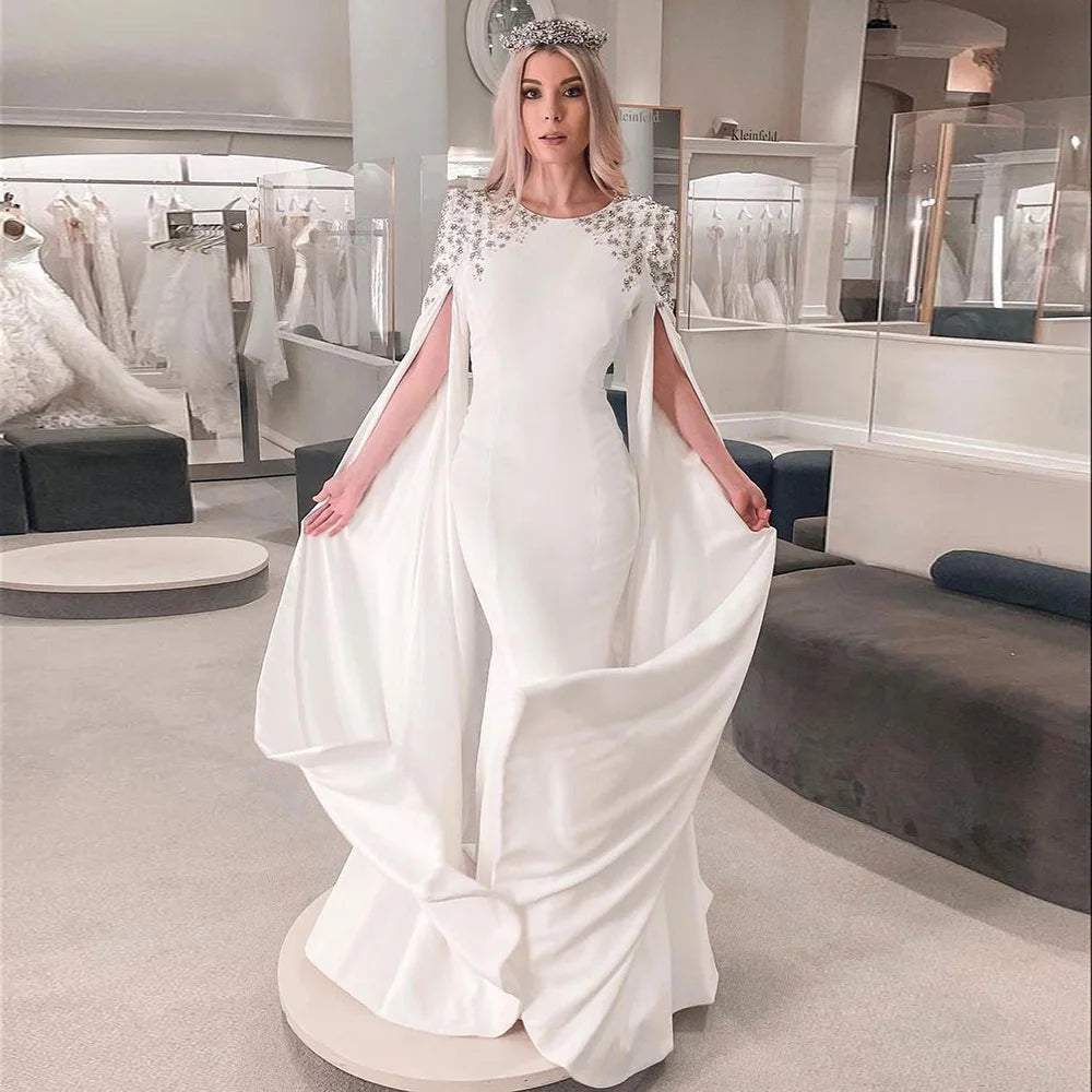 Chic Clothes For Women Elegant White Mermaid Dubai Evening Dress for Women Wedding Party Cape Sleeves Muslim Long Formal Dresses