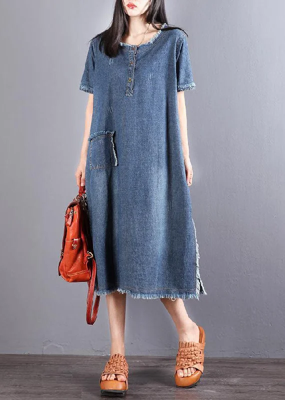 Women's Casual Attire Beautiful Blue Pockets Button Fall Denim Short Sleeve Party Dress