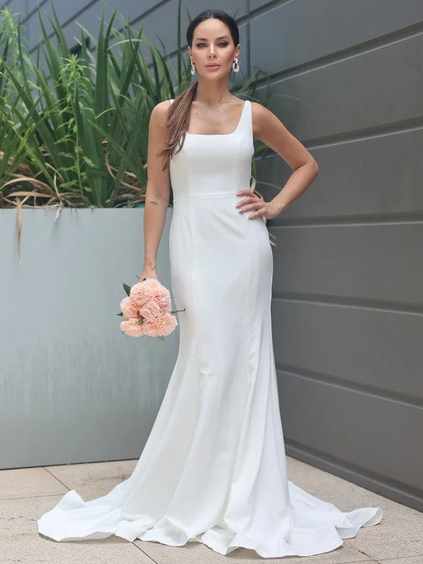 Women's Apparel And Garments Sheath/Column Stretch Crepe Ruffles Straps Sleeveless Sweep/Brush Train Wedding Dresses