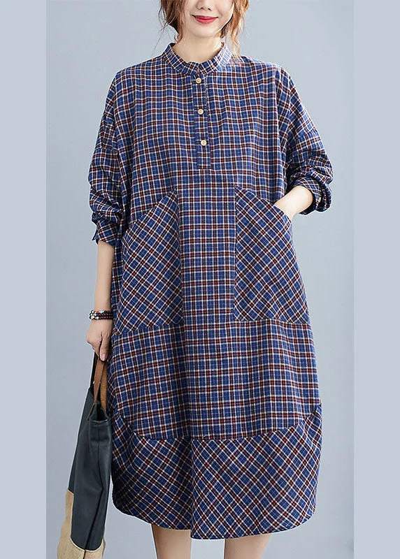 Women's Attire Classy Blue Plaid Button Patchwork Pockets Fall Top Long sleeve Dresses