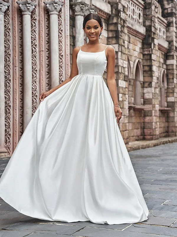 Women's Occasion Wear Clothes A-Line/Princess Satin Spaghetti Straps Ruffles Sleeveless Sweep/Brush Train Wedding Dresses