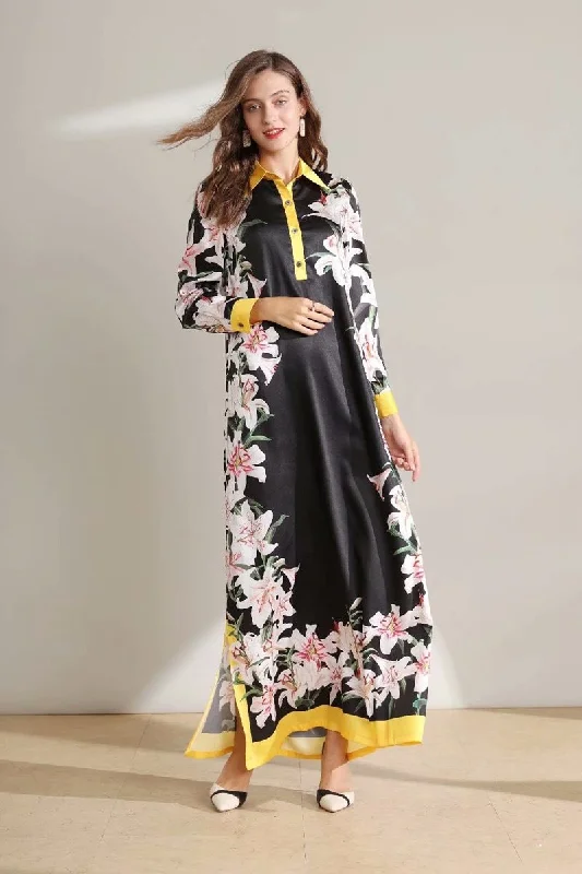 Women's High-Fashion Clothes FashionSierra - Long Sleeves Floral Printed Loose Designer Fashion Casual Split Long Dresses