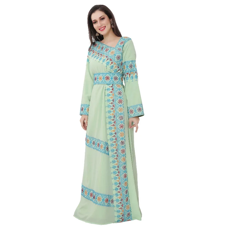 Women's Trendy Clothes Designer Palestine Thobe Caftan with Colorful Cross Stitch Embroidery