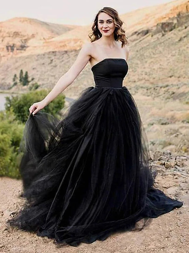 Stylish Women's Outfit Gothic Black Wedding Dresses Chapel  A-Line Sleeveless Strapless Satin With Solid