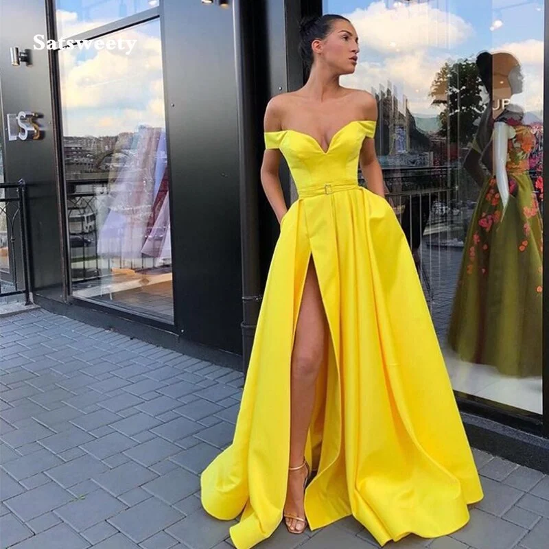 Women's Sporty Clothes FashionSierra - Sexy Off The Shoulder Simple Satin Front Split Prom Gowns