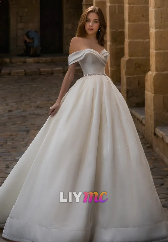 Women's Trendy Casual Clothes Off-Shoulder Strapless Pleated Satin Classic A-Line Wedding Dress