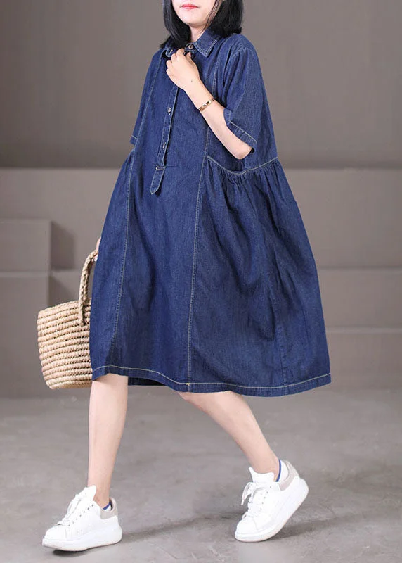 Women's Clothes And Apparel Women Denim Blue Peter Pan Collar Wrinkled Pockets Cotton Robe Dresses Short Sleeve