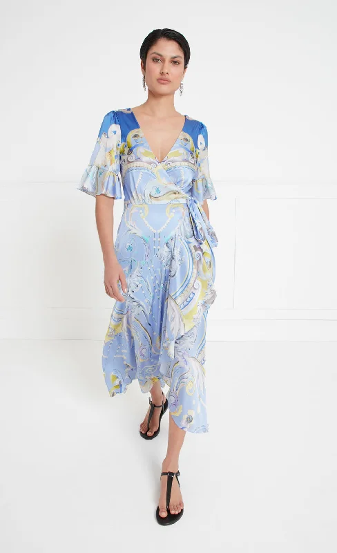 Women's Formal Event Attire Carline Print Wrap Dress - Vista Blue